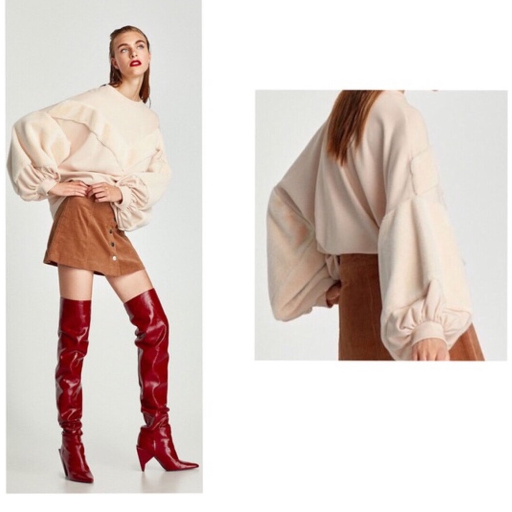 🌸 Zara Faux Fur Trim Oversized Sweatshirt - Blush/Pale Pink, Size M 🌸